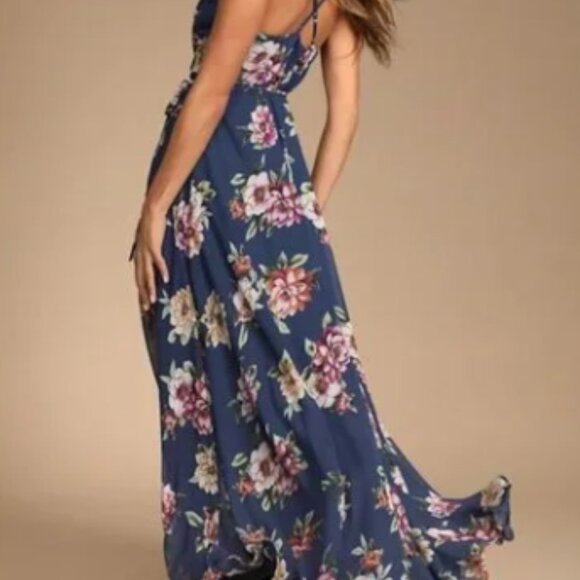 Lulus Always There For Me Navy Blue Floral Print Wrap Maxi Dress Small - Picture 7 of 14